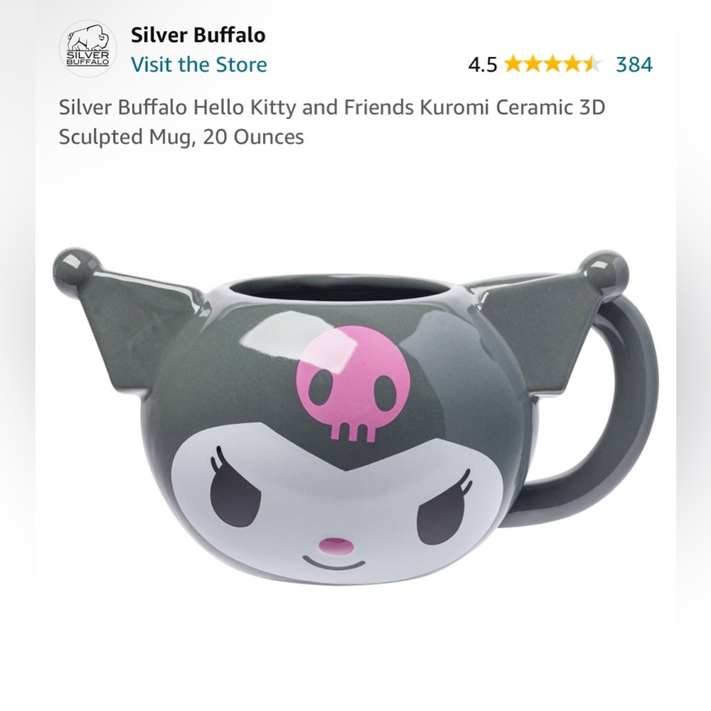 Kuromi Silver Buffalo Hello Kitty and Friends Ceramic 3D Sculpted Mug, 20 Ounces